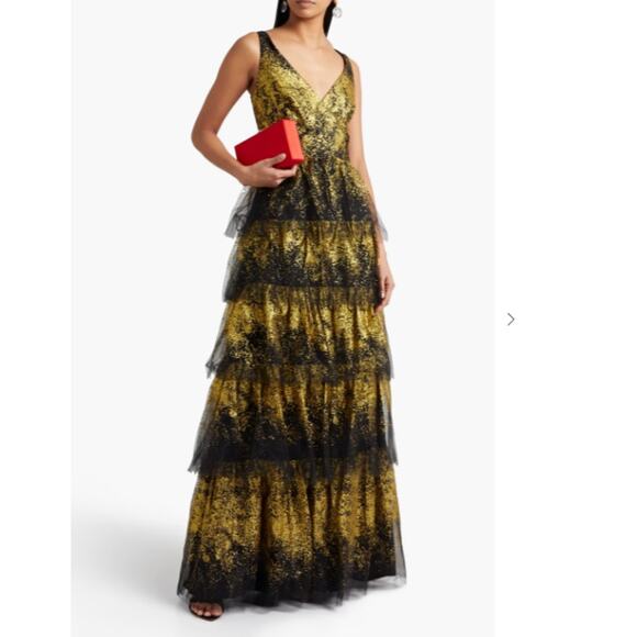 Marchesa Notte Gold Sleeveless V-Neck Tulle Dress Black Glitter Size 4 - Picture 2 of 6
